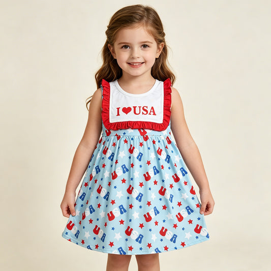 GSD4002 RTS NO MOQ （In stock）I love USA ruffle stars baby girls 4th of july dress
