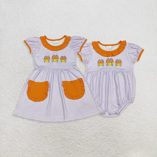 RTS Sibling Baby Girls Autumn Outfits Girls Stripe Candy Corn Bow Pockets Halloween Romper Dress Cute Autumn Outfit for Kids