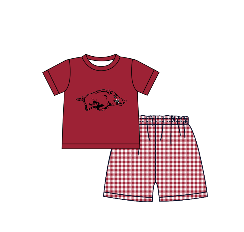 CUSTOM MOQ 5 Sibling Boys Baby Girls Dark Red Top Shorts Clothes Set Knee Length Dress Rompers