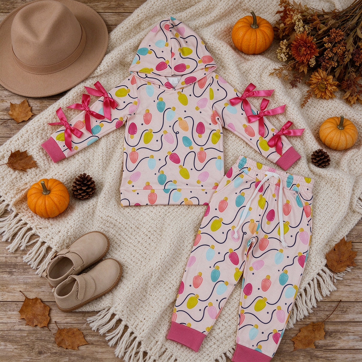 RTS NO MOQ （In stock） milk silk GLP3613 Baby Girls Colorful Lights Bows Hoodie Pockets Jogger Christmas Casual Set
