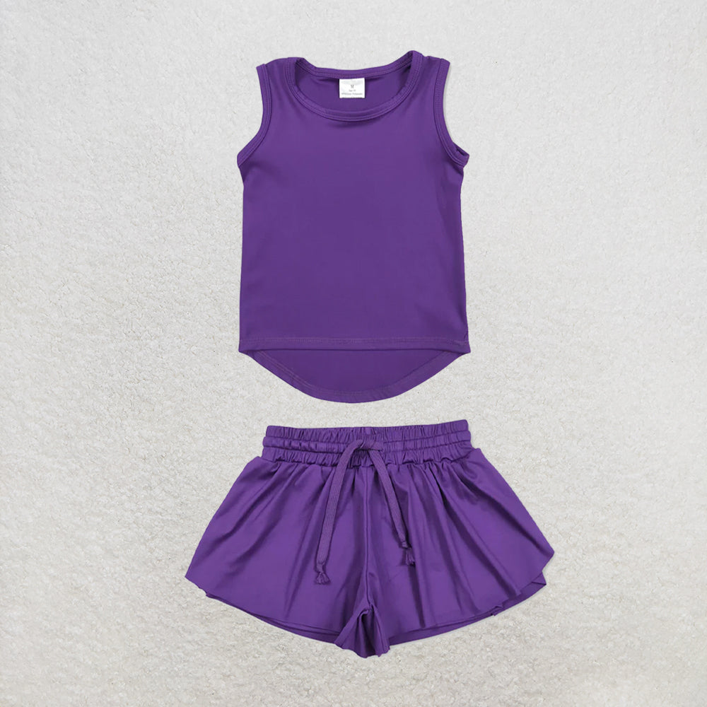 5.25 RTS NO MOQ （In stock）GT0996+SS0602 Purple sleeveless kids girls activewear top with activewear summer yoga shorts