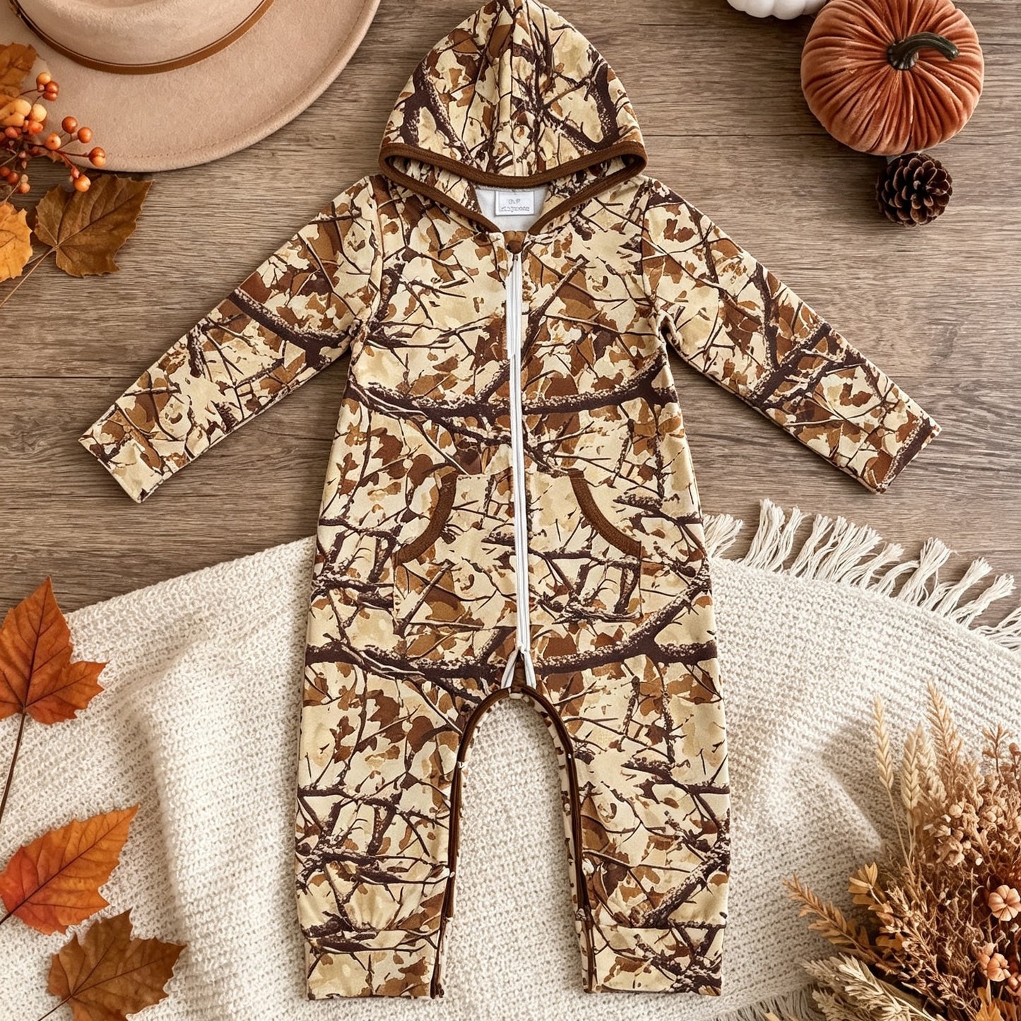 LR3033 RTS NO MOQ milk silk （In stock）Baby Boys Leaves Camo Half Zip Pockets Pant Fall Hoodie Rompers