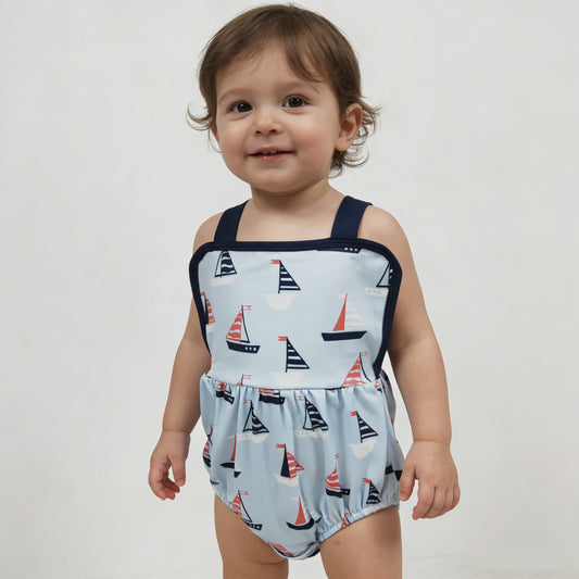 4.3 SR3945 RTS NO MOQ （In stock) Blue straps boat baby boy summer 4th of july romper