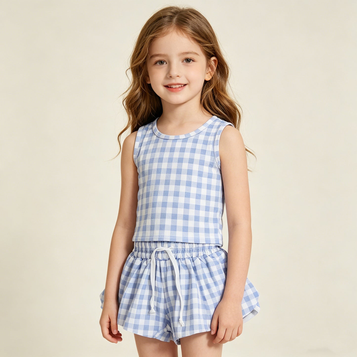 4.15 GSSO3479 RTS NO MOQ （In stock ）Sleeveless blue plaid top shorts girls active wear set
