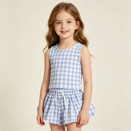 4.15 GSSO3479 RTS NO MOQ （In stock ）Sleeveless blue plaid top shorts girls active wear set