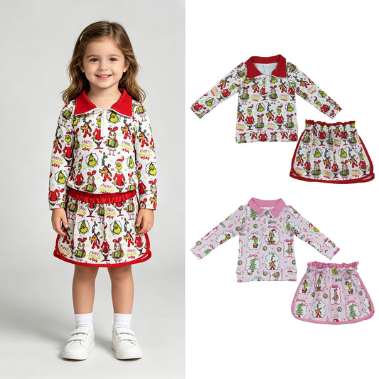 RTS Sibling Baby Girls Long Sleeve Zip Top Skort Holiday Casual Christmas Clothes Set