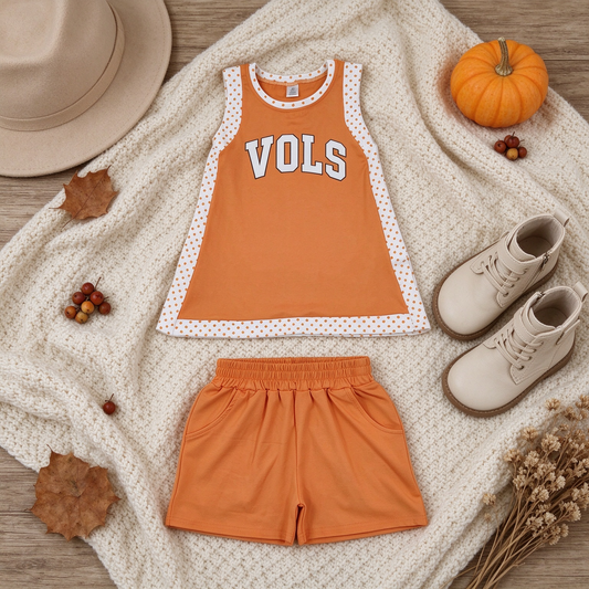 RTS NO MOQ （In stock）yoga fabric GSSO3852(GSD4292+SS0980)  Yoga Baby Girls Orange Polka Dots Vols Split Tunic Short Yoga Active Team Clothes Sets