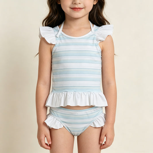 4.10 S0652 RTS NO MOQ （In stock ）Flutter sleeves stripe girls two pieces summer swimsuit