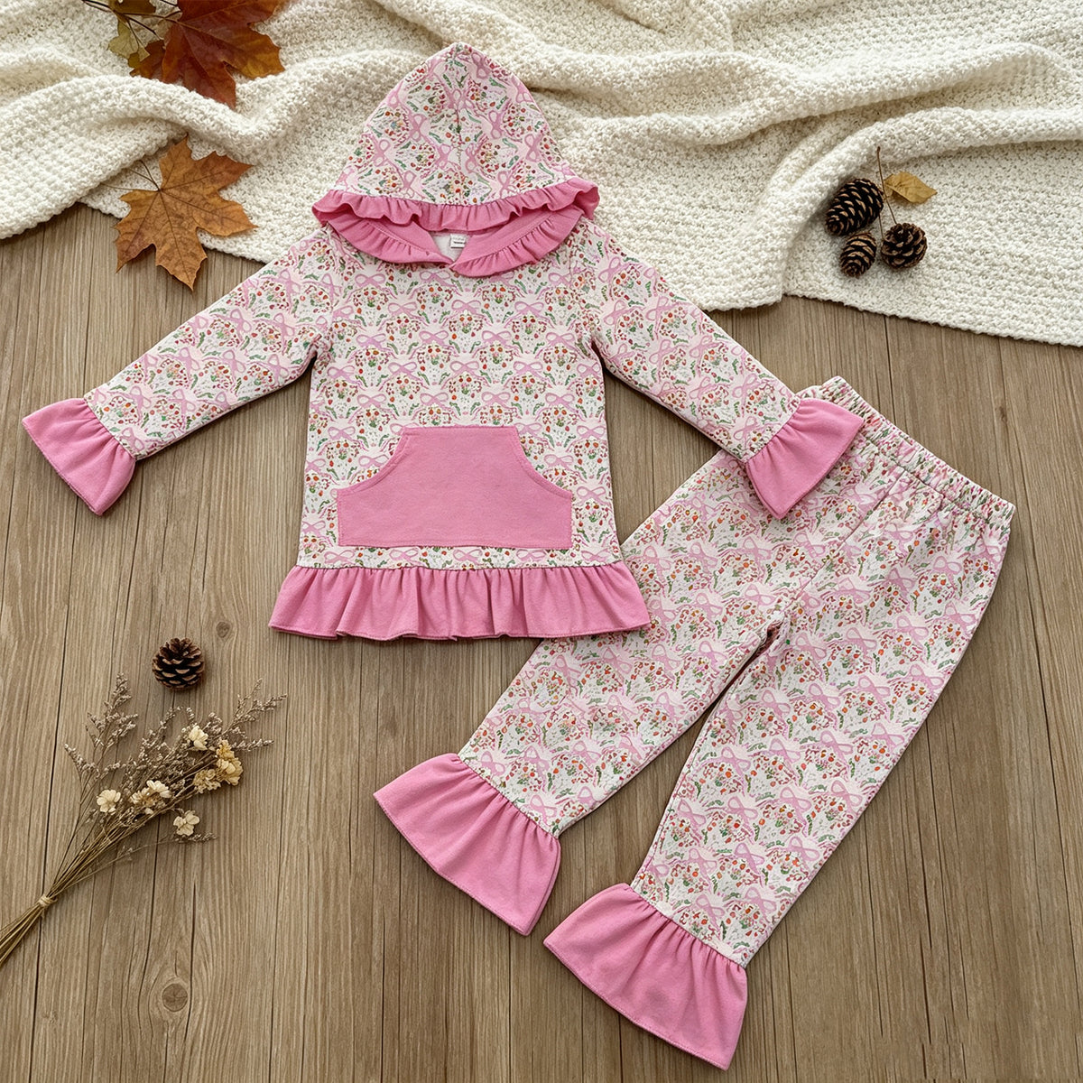 RTS NO MOQ milk silk GLP3520 Baby Girls Pink Small Flowers Bows Pocket Ruffle Hoodie Pants Clothes Sets