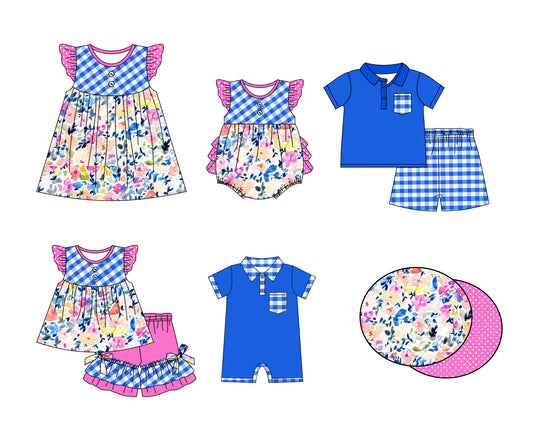 Baby girl clothes floral blue and purple flying sleeve mixed suits and Baby Infant Boys Blue Checkered Pocket mixed suits preorder