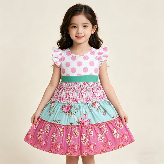 4.11 GSD4089 RTS NO MOQ （In stock ）Baby Girls Flutter Sleeve Flowers Patchwork Knee Length Dresses
