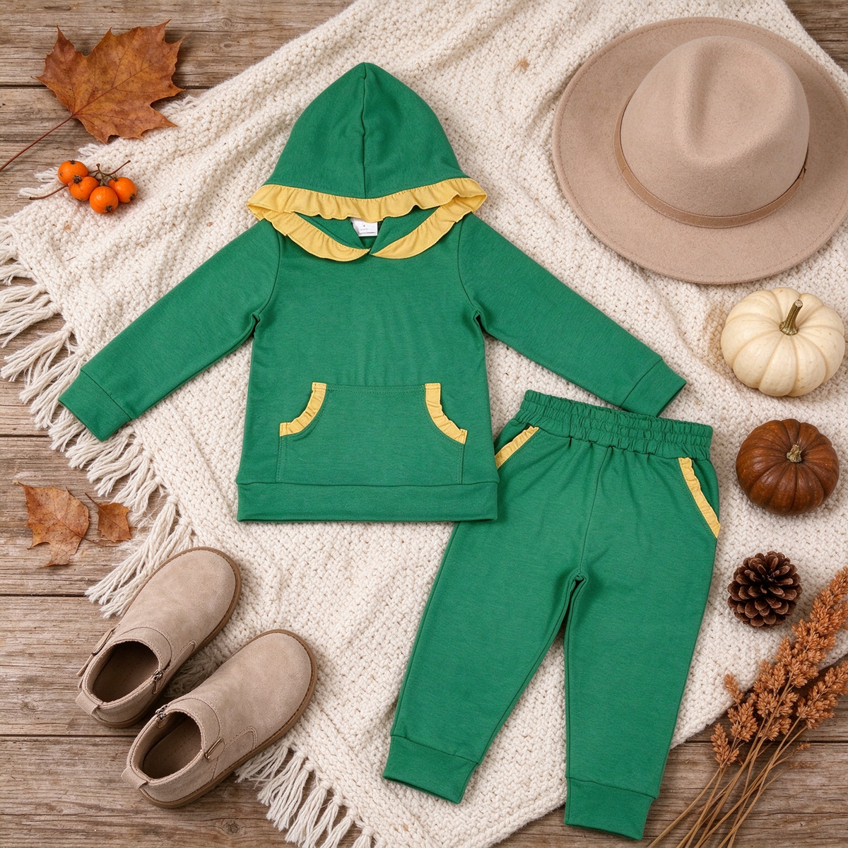RTS NO MOQ cotton GLP3569 Baby Girls Yellow Green Ruffle Hoodie Pockets Jogger Clothes Sets Cute Casual Outfit