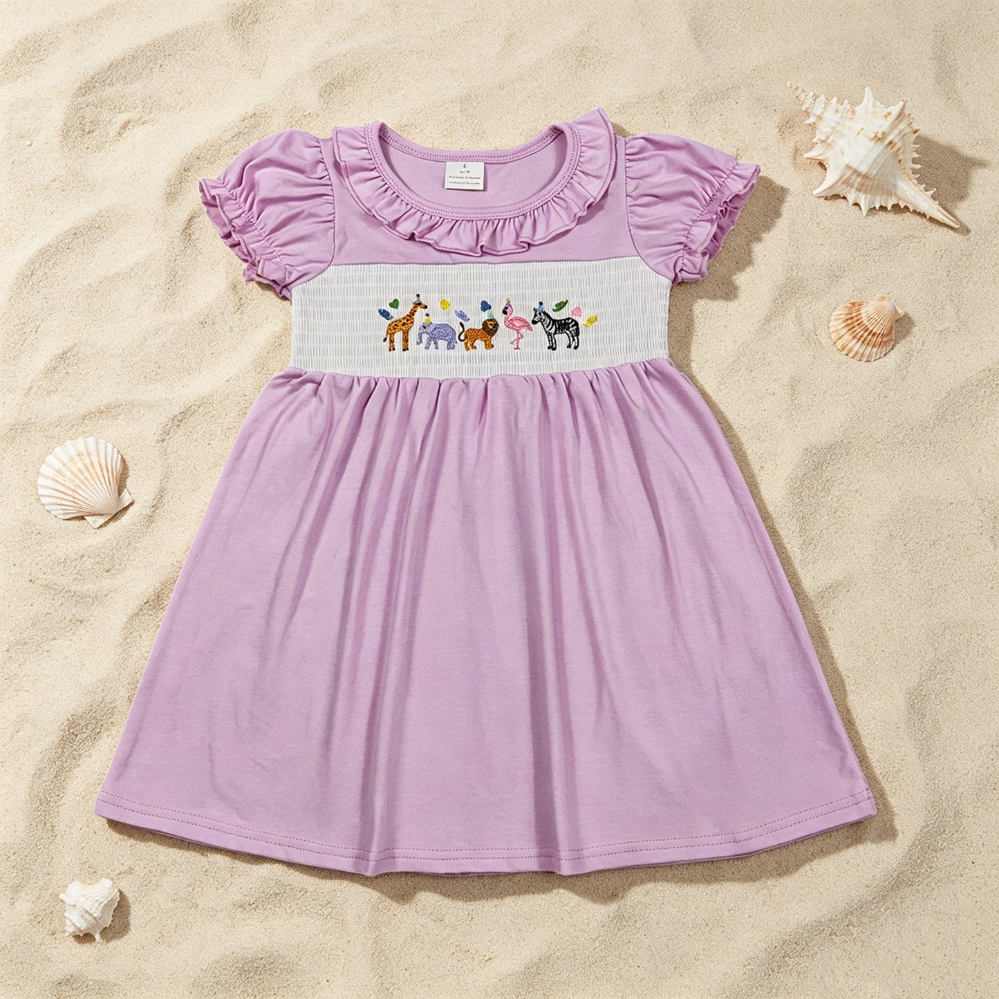 GSD3578 RTS NO MOQ （In stock ）Short sleeves animal smocked happy birthday girls dress