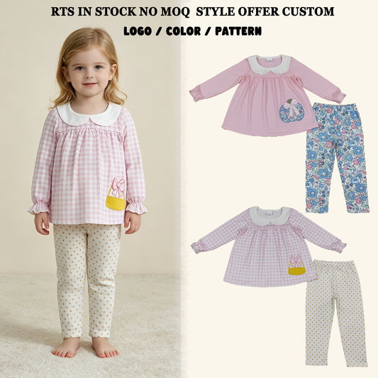 RTS NO MOQ Sibling milk silk Embroidery Baby Girls Long Sleeve Tunic Leggings Halloween Clothes Set