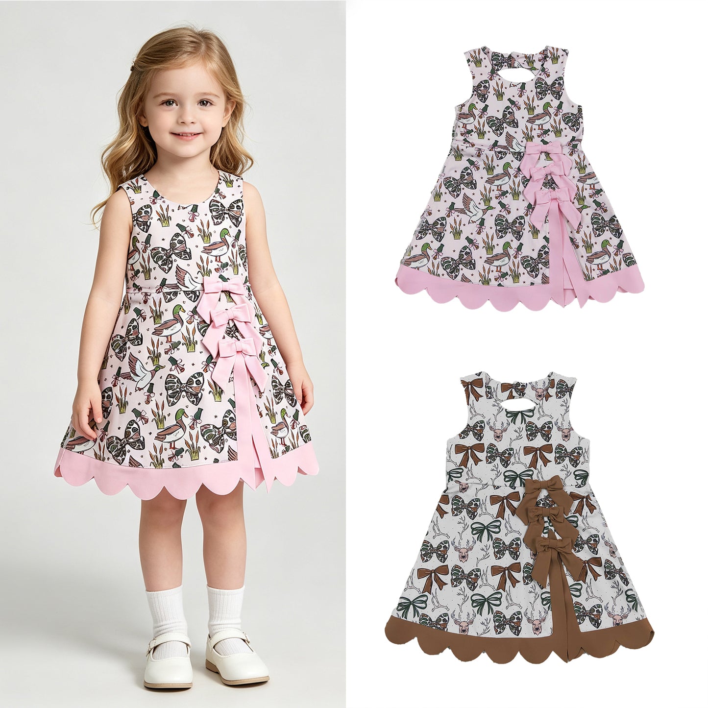 RTS Sibling yoga fabric Baby Girls Camo Bow Print Scallop Knee Length Yoga Active Dress