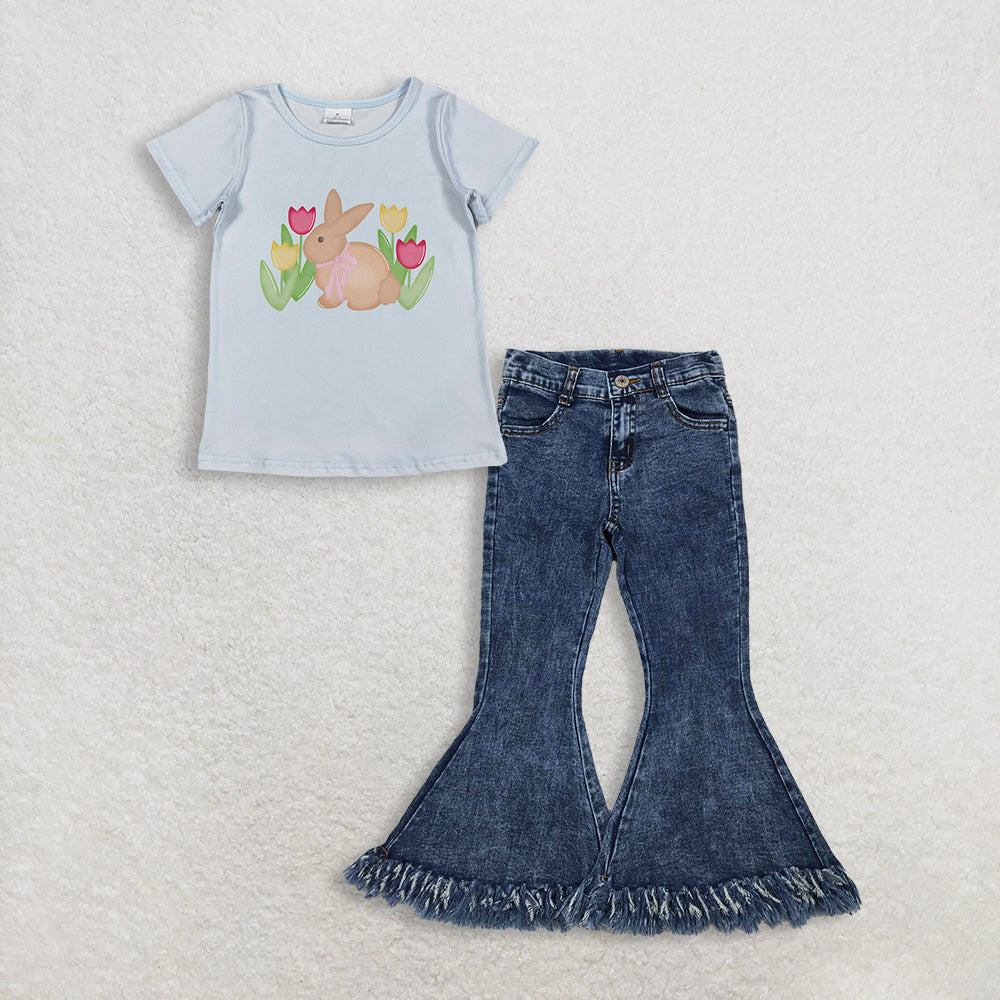 3.6 RTS NO MOQ （In stock）GT1398 + P0132 Baby Girls Blue Short Sleeve Flowers Rabbits Easter T-shirts Top Denim Pants Jeans Clothes Sets