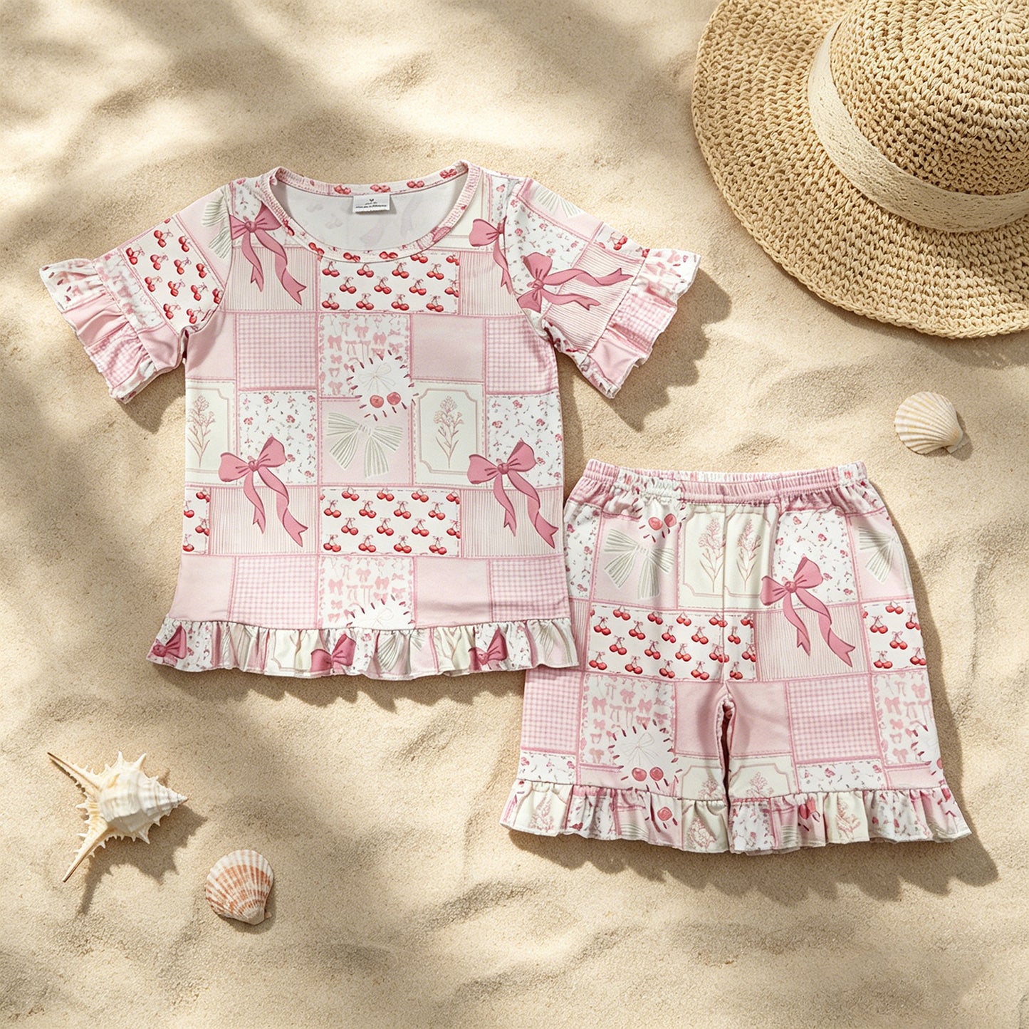 GSSO3321 RTS NO MOQ （In stock ）Baby Girls Bows Flowers Checked Top Ruffle Shorts Pajamas