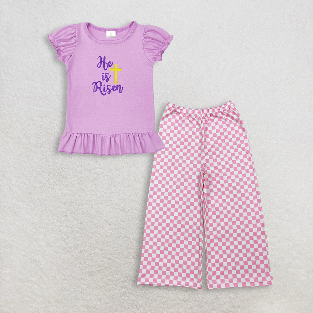 3.12 RTS NO MOQ （In stock）GT0393+ P1018 Baby Girls He Is Risen Cross Easter Lavender Puffy Short Sleeve Shirt Tops