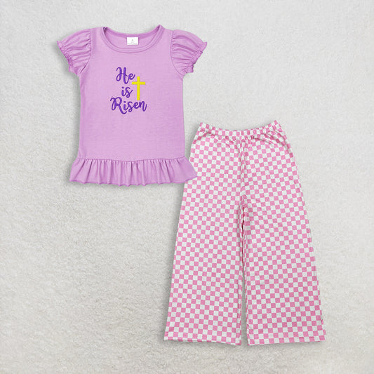 3.12 RTS NO MOQ （In stock）GT0393+ P1018 Baby Girls He Is Risen Cross Easter Lavender Puffy Short Sleeve Shirt Tops