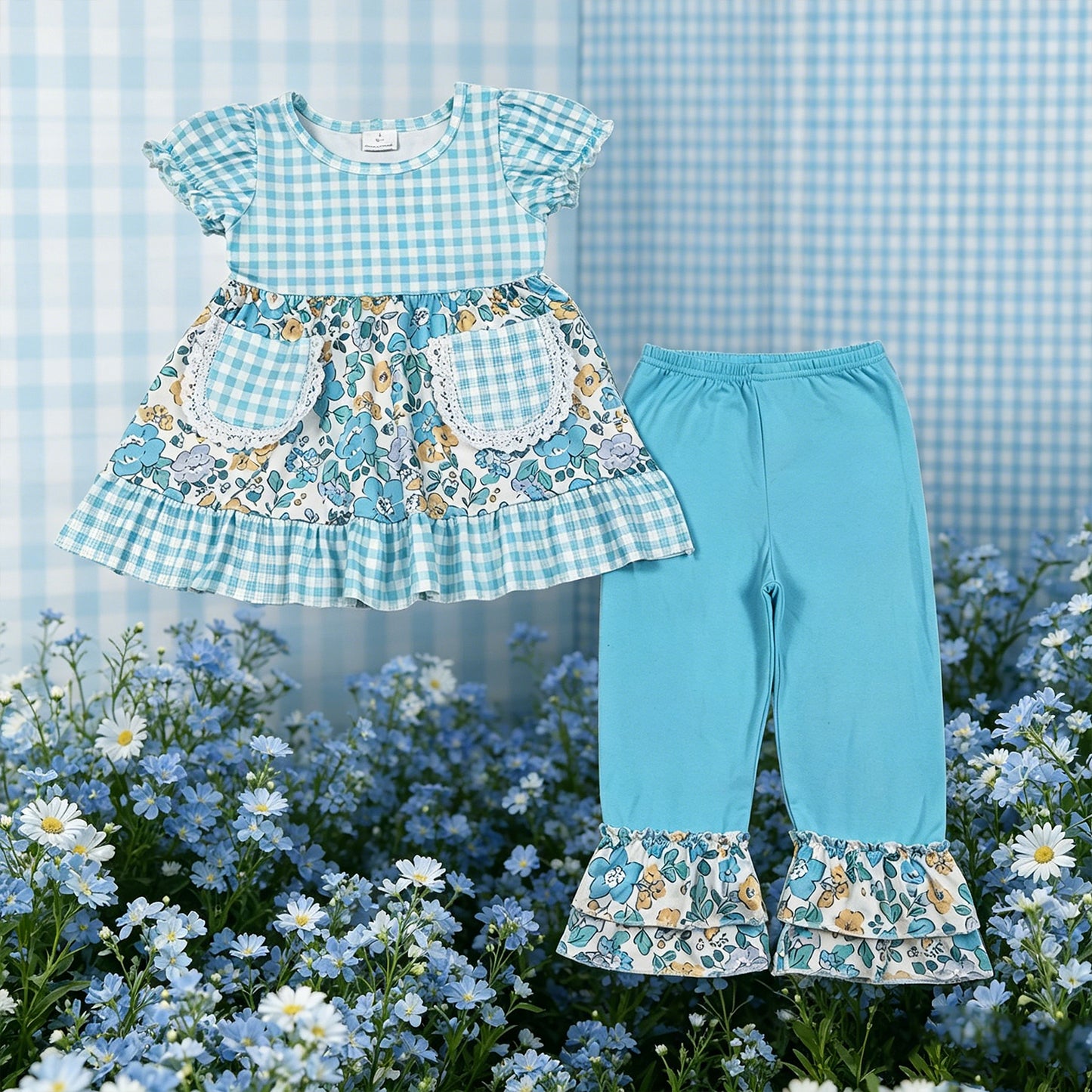 GSPO2282 RTS NO MOQ （In stock ）Short sleeves plaid floral tunic pants girls outfits