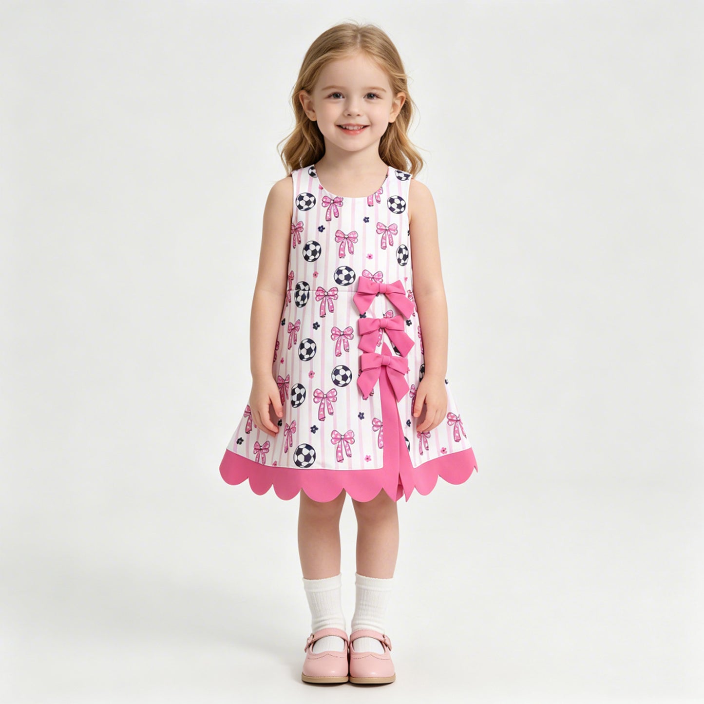 5.4 GSD4100 RTS NO MOQ （In stock） yoga fabric cotton Baby Girls Footballs Bows Team Yoga Active Short Scallop Knee Length Dress
