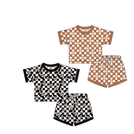 Black Plaid Mouse Short Sleeve Top And Shorts Set Baby Kids Clothing Toddler Outfit Boys Girls Clothes