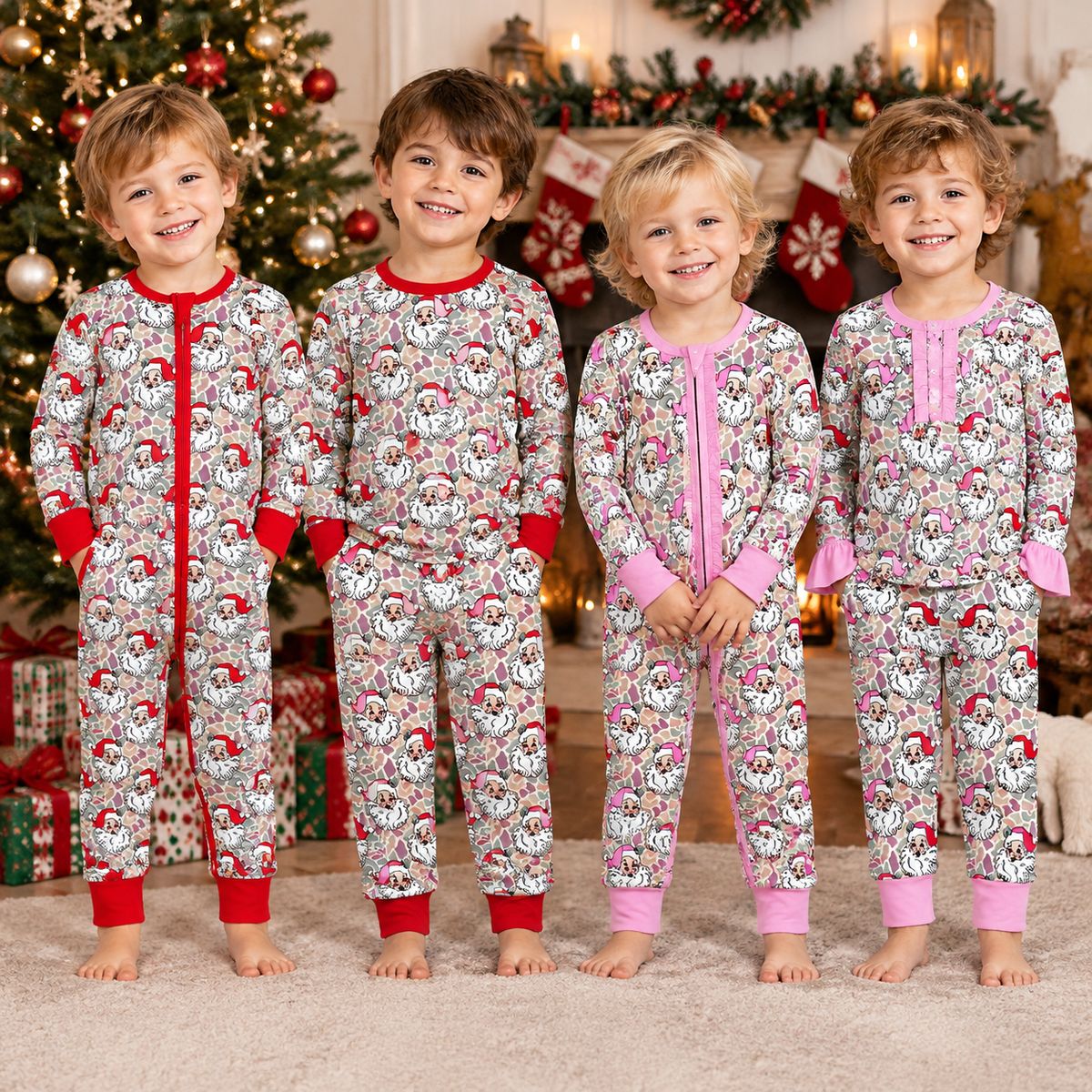 RTS NO MOQ Sibling milk silk Baby Girls And Boys Santa Camo Print Christmas Zipper Romper And Long Sleeve Ruffle Top Pants Pajamas Clothes Set