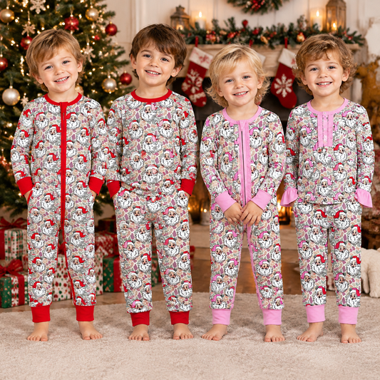 RTS NO MOQ Sibling milk silk Baby Girls And Boys Santa Camo Print Christmas Zipper Romper And Long Sleeve Ruffle Top Pants Pajamas Clothes Set