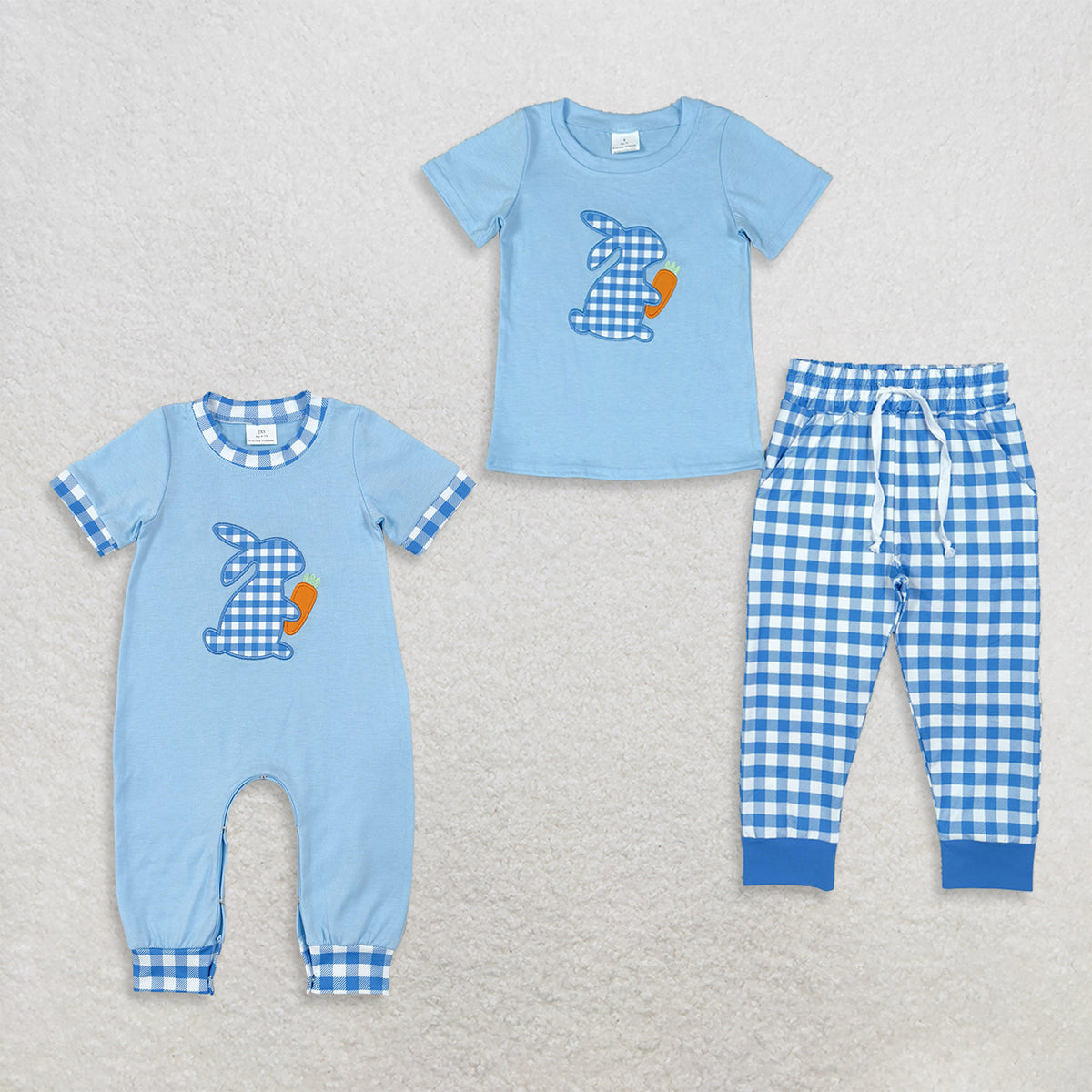 RTS NO MOQ Sibling milk silk Baby Boys Blue Gingham Bunny Carrot Embroidery Romper And Short Sleeve Top Pant Set Regular price$8.00