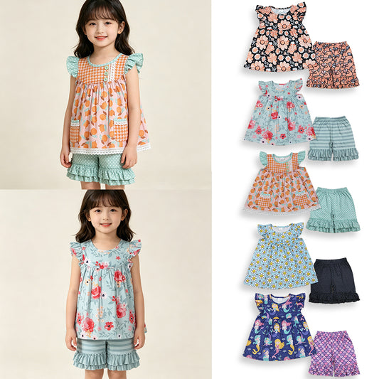 4.10 RTS Sibling Baby Girls Flutter Sleeve Flowers Plaid Tunic Ruffle Short Clothes Set