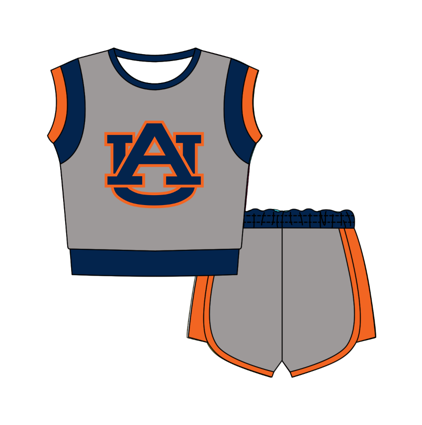 CUSTOM MOQ 5 Cute Comfortable Clothing For Kids Baby Kids Summer Blue UA Sleeveless Patchwork Top Shorts Clothes Sets