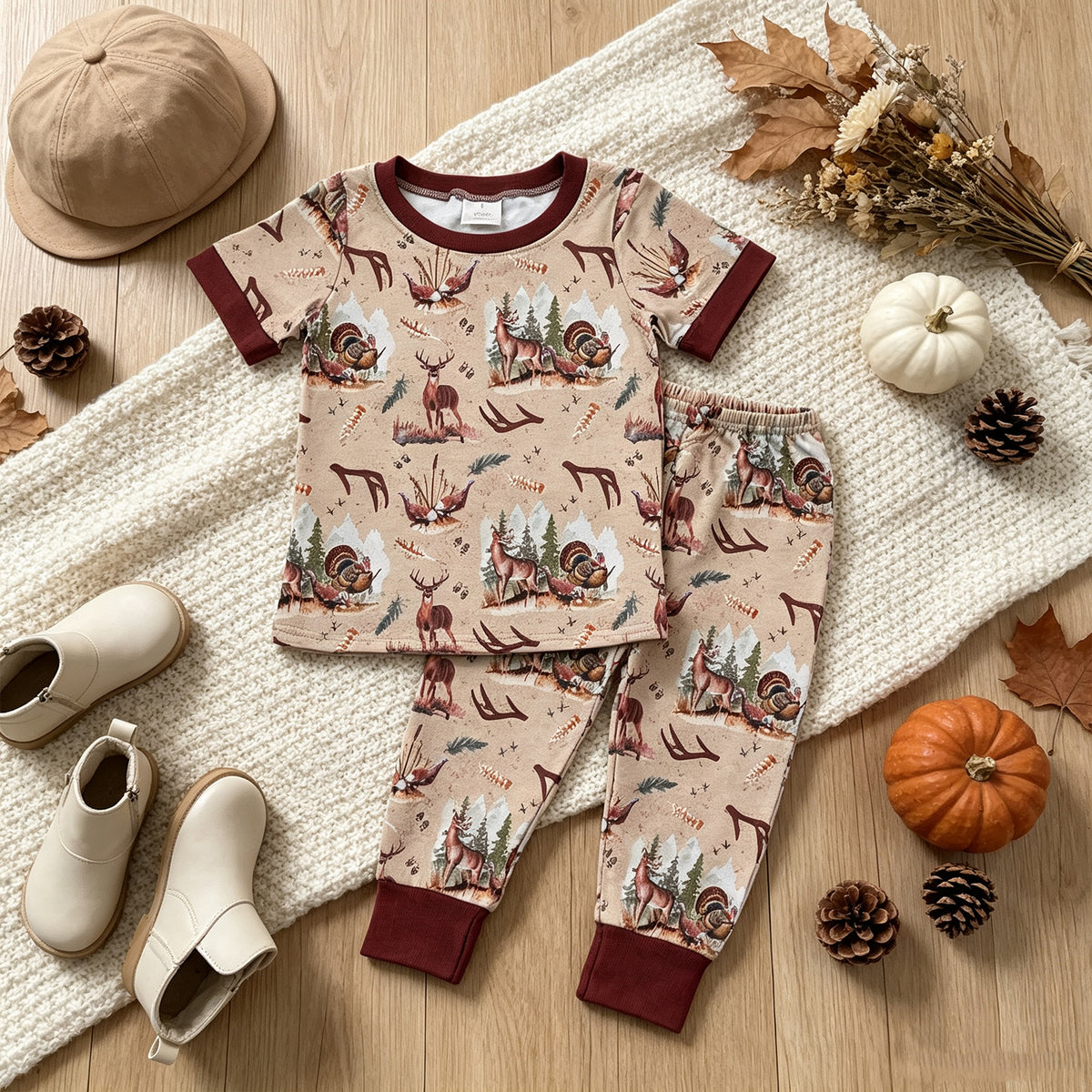 RTS NO MOQ （In stock） milk silk BSPO0494 Baby Boys Deer And Turkey Hunting Short Sleeve Top Matching Pants Fall Winter Hunting Pajamas Set