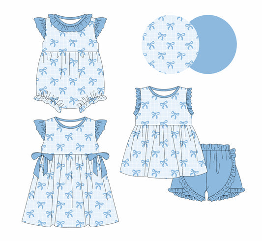 Baby Girls Blue Bows Sleeveless Tunic Ruffle Shorts Clothes Sets