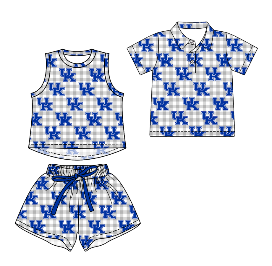 3.13 CUSTOM MOQ 5 Sibling Boys Baby Girls Summer Fashion Gray Check Blue UK Sleeveless Top Shorts Button Polo Shirts Team Clothes Sets
