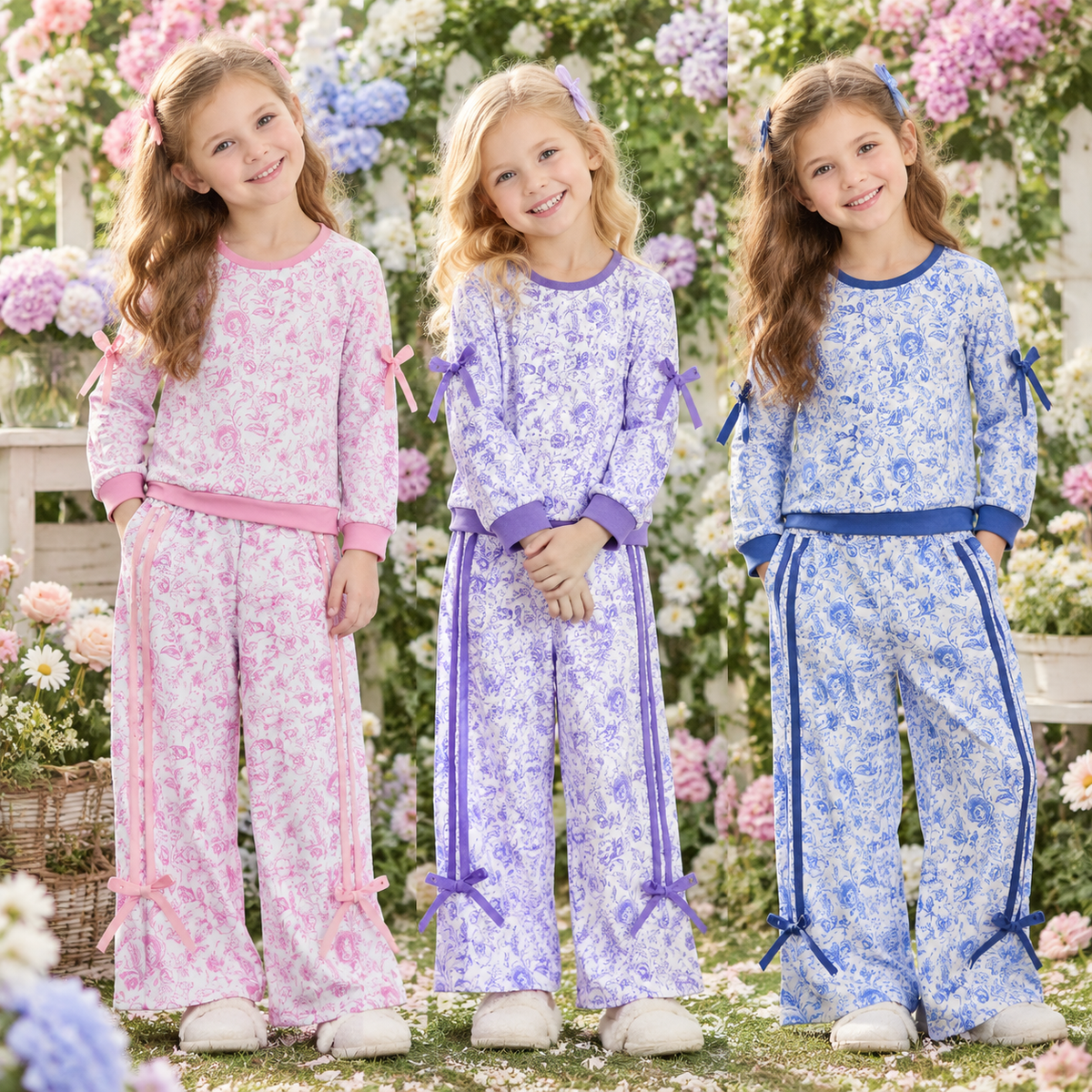 RTS NO MOQ Sibling milk silk Baby Girls Flowers Top Bows Pockets Flare Pant Fall Clothes Sets