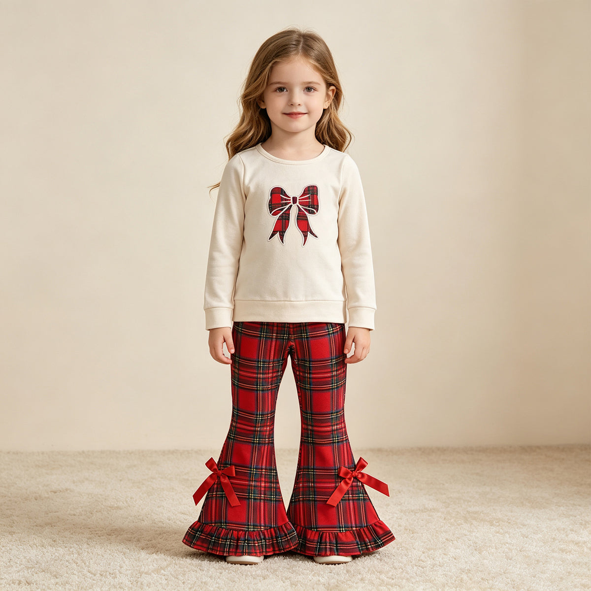 RTS NO MOQ milk silk GLP3547 Embroidery Checked Bow Baby Girls Ruffle Bell Bottom Pant Christmas Clothes Sets