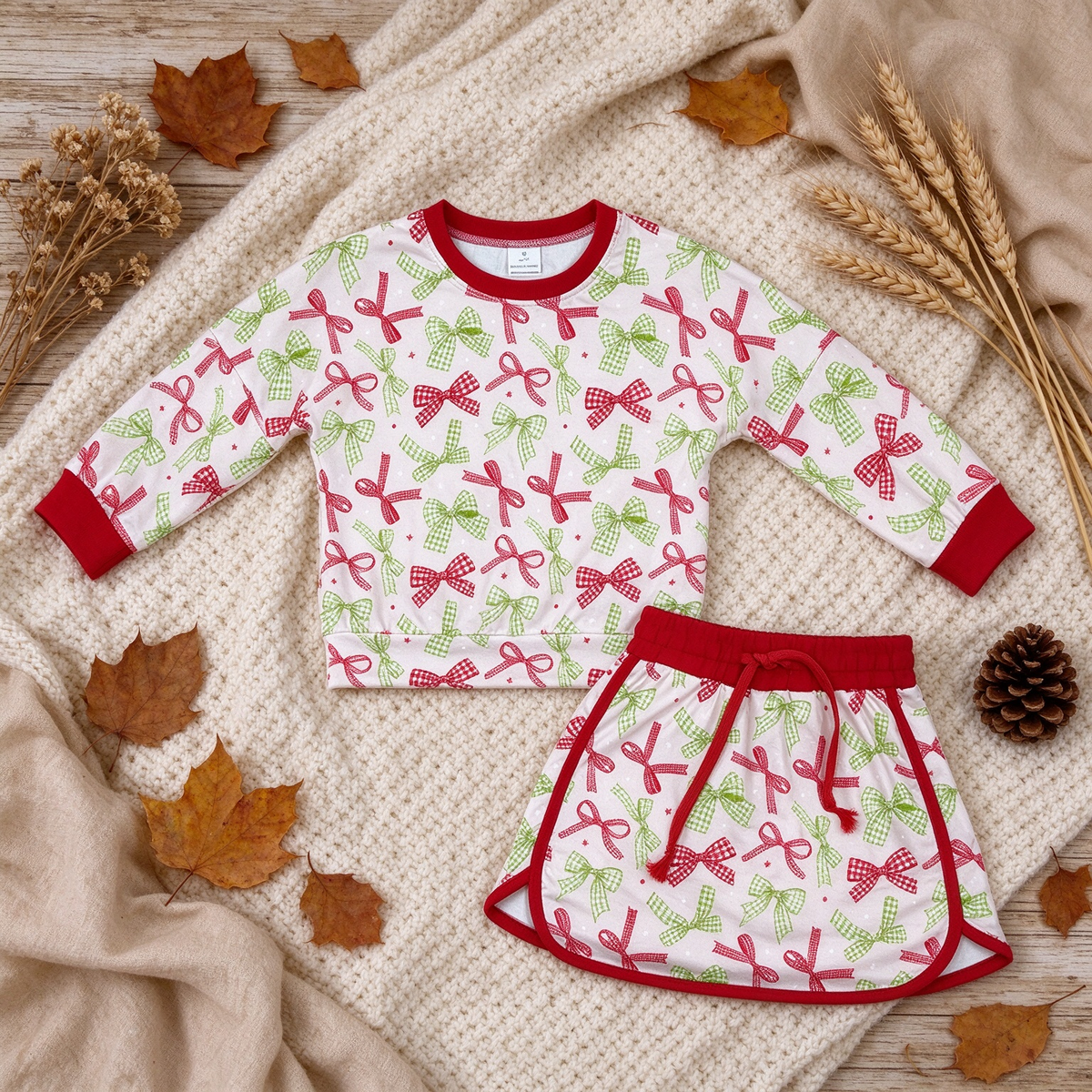 RTS NO MOQ （In stock）milk silk GLD1774 Baby Girls Long Sleeve Colorful Bows Top Skort Short Set
