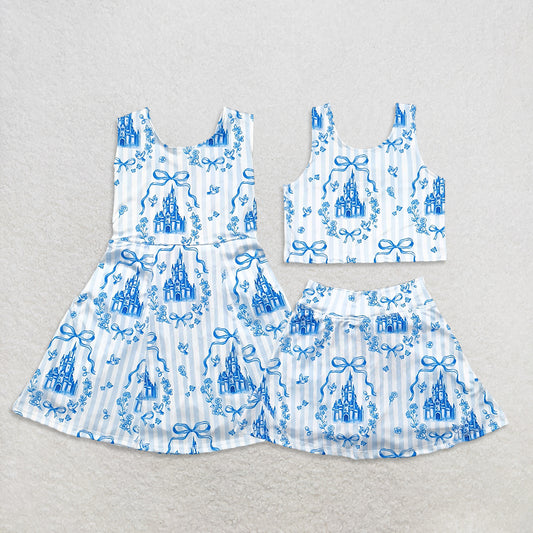 USA Warehouse (IN STOCK)  Light Blue Sleeveless Bow Castle Top Skirt Set Girls Active Wear Athletic Dresses
