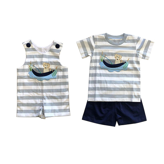 Baby Infant Boys Grey Stripes Dog Fishing Rompers and Short suits preorder