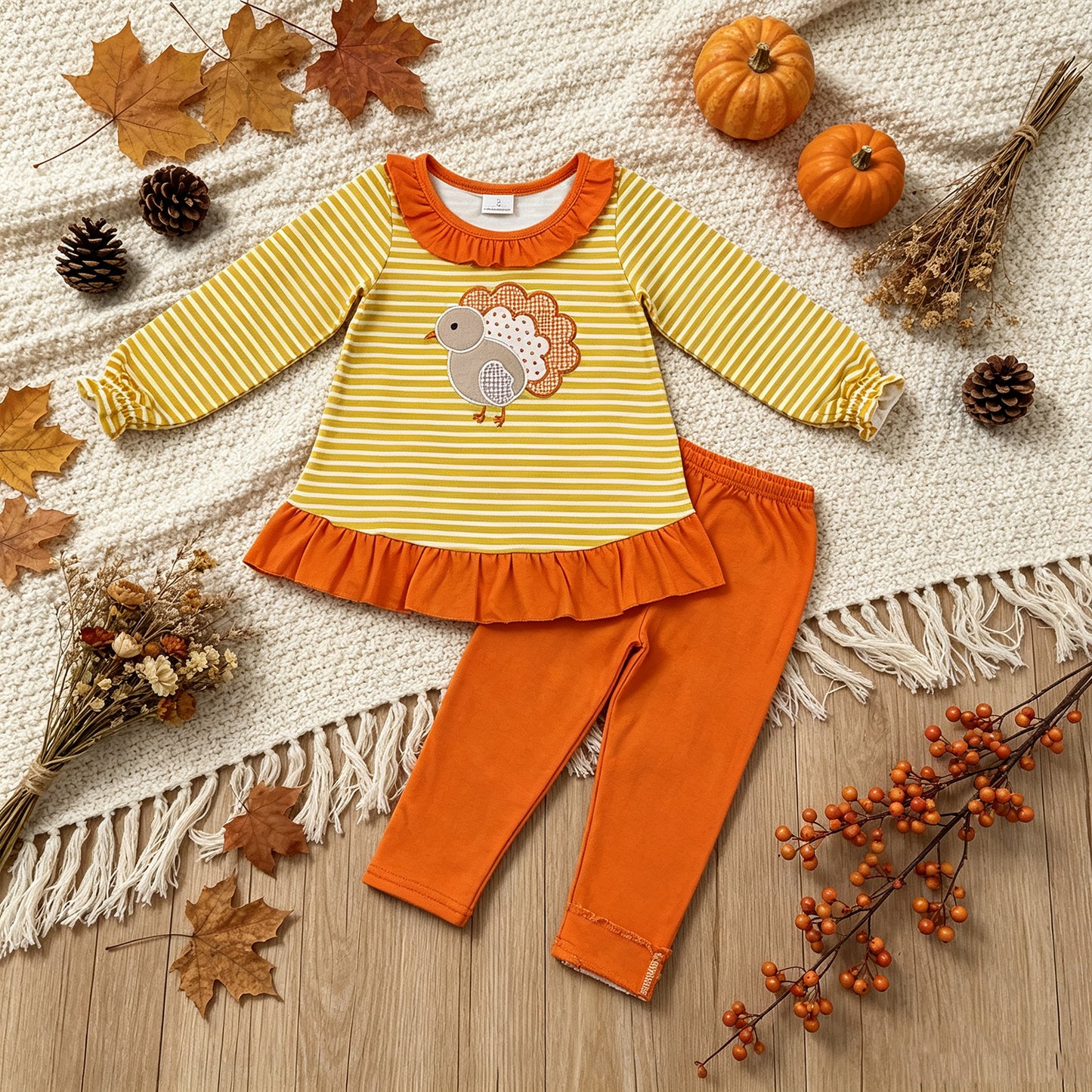 RTS NO MOQ （In stock）milk silk GLP3493 Embroidery Turkey Baby Girls Orange Stripe Tunic Leggings Thanksgivings Clothes Sets