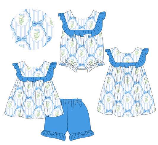 Blue ruffle floral bow tunic shorts girls summer outfits