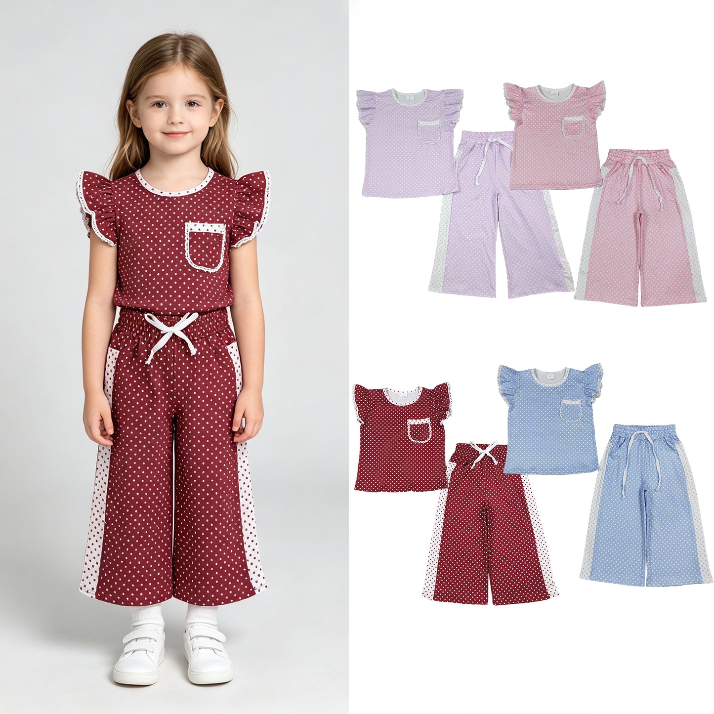 RTS Sibling Baby Girls Polka Dots Pocket Top Flare Pant Clothes Sets