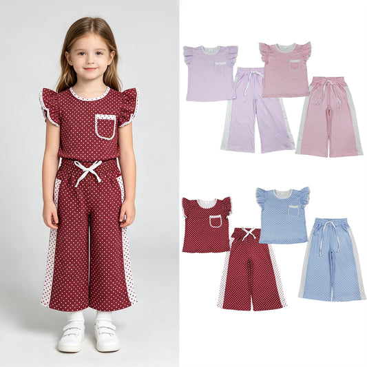 RTS Sibling Baby Girls Polka Dots Pocket Top Flare Pant Clothes Sets