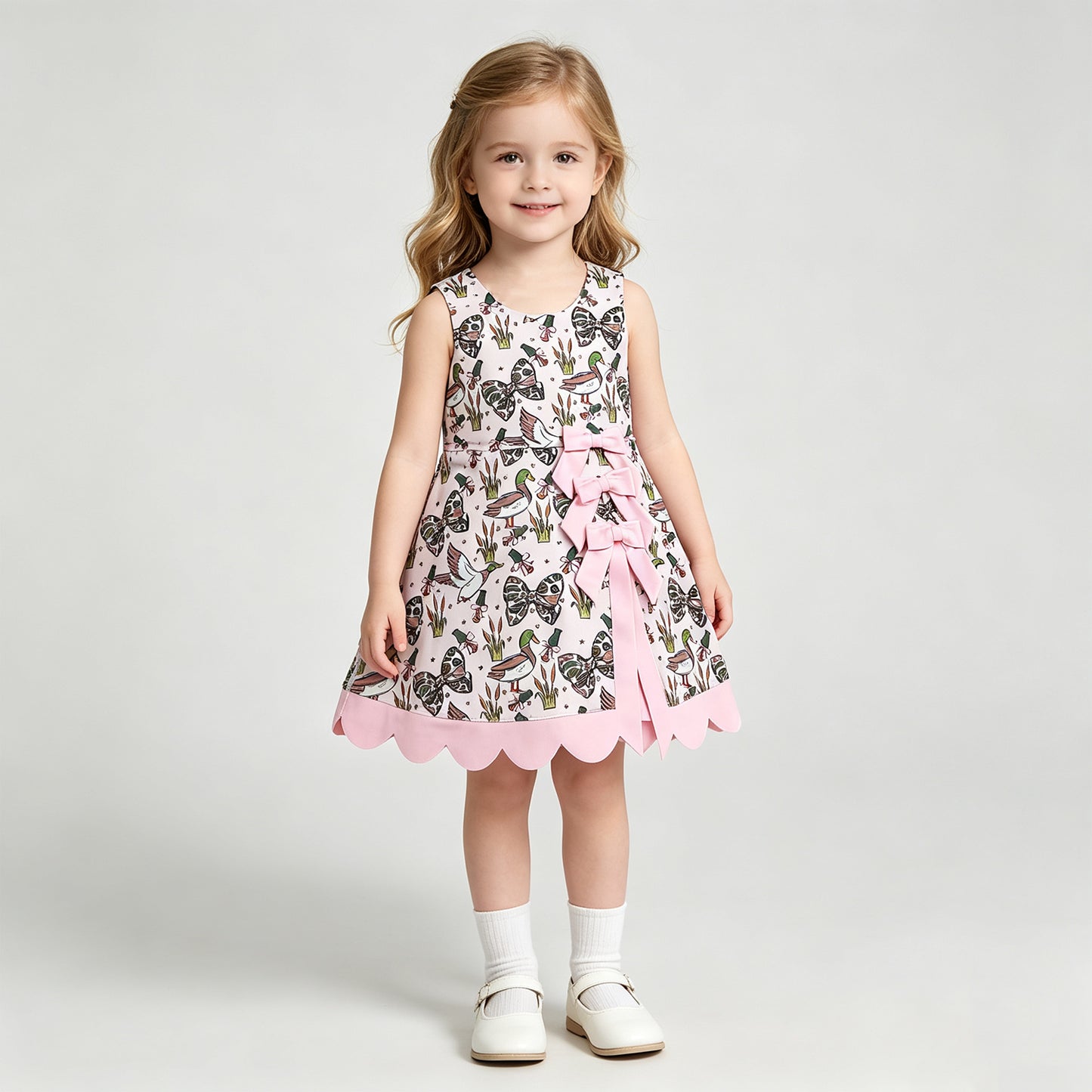 GSD4009 RTS NO MOQ （In stock） Baby Girls Camo Duck Bow Scallop Trim Knee Length Yoga Dress