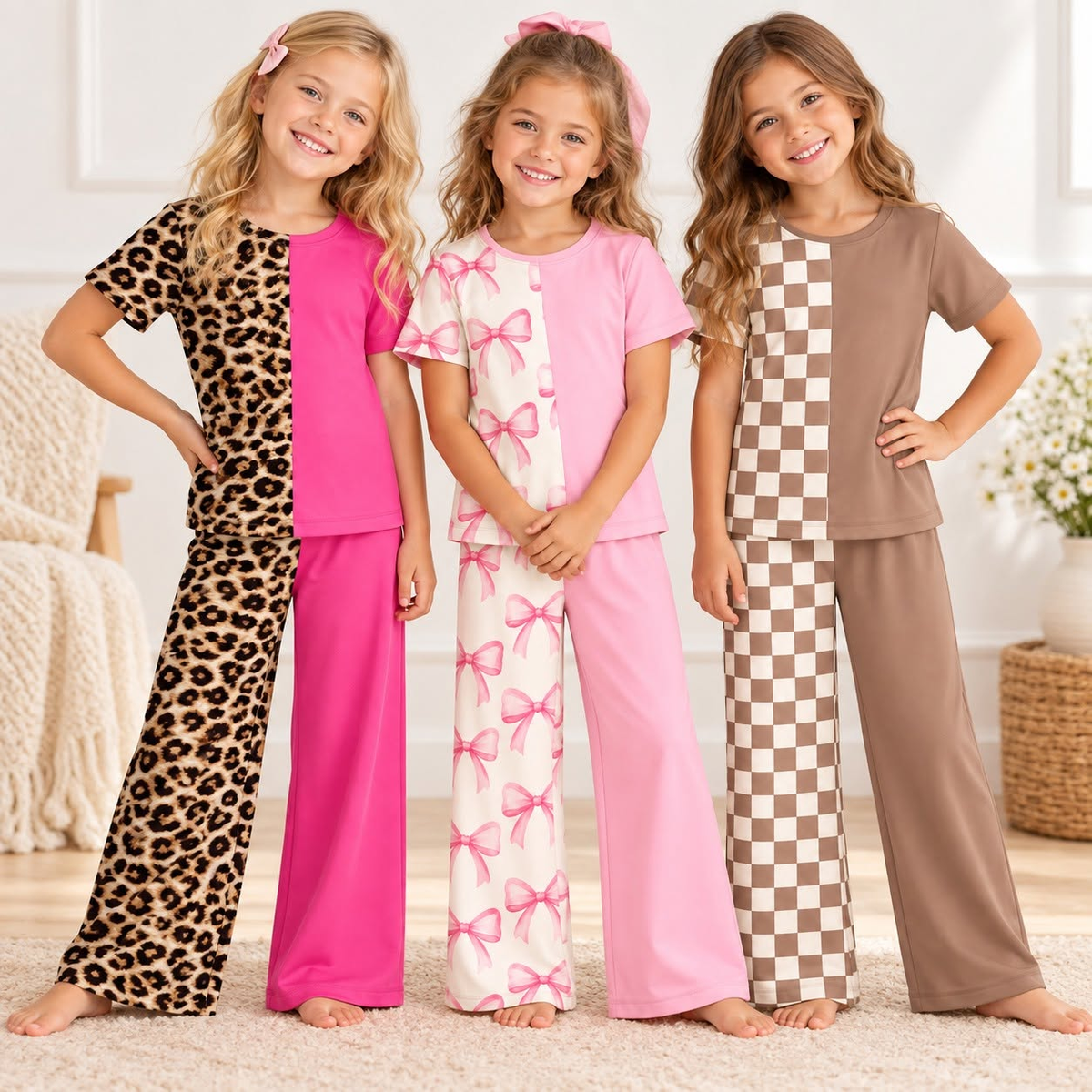 (Preorder new) No moq Toddler Girls Split Print Short Sleeve Top And Pants Sets