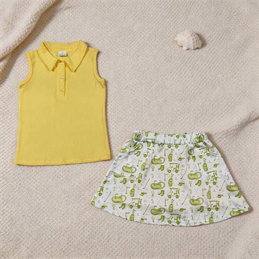 GSD2698 RTS NO MOQ （In stock ）Yellow sleeveless polo shirt golf skirt girls clothing