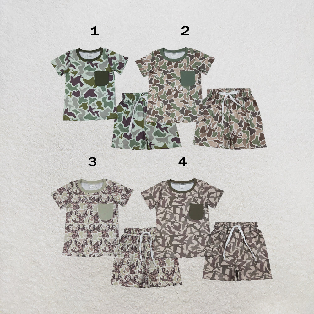 RTS Sibling Sibling Baby Boys Short Sleeve Deer Ducks Camo Pockets Top Short Hunting Clothes Sets