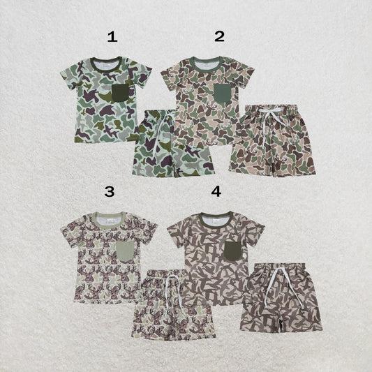 RTS Sibling Sibling Baby Boys Short Sleeve Deer Ducks Camo Pockets Top Short Hunting Clothes Sets