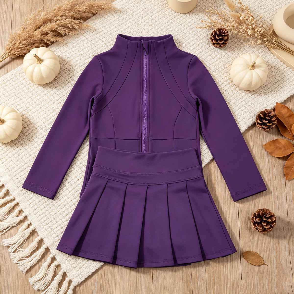 RTS NO MOQ （In stock）yoga fabric cotton GLD1704(GT1803+GLK0086) Yoga Toddler Girls Purple Zip Long Sleeve Top Skorts Bottom Pleated Skirts Yoga Set