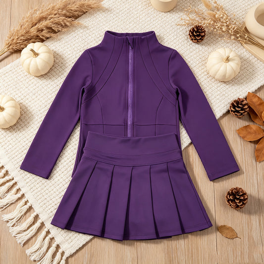 RTS NO MOQ （In stock）yoga fabric cotton GLD1704(GT1803+GLK0086) Yoga Toddler Girls Purple Zip Long Sleeve Top Skorts Bottom Pleated Skirts Yoga Set